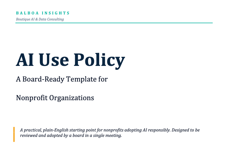 Title page of the Balboa Insights AI Policy Template for nonprofits