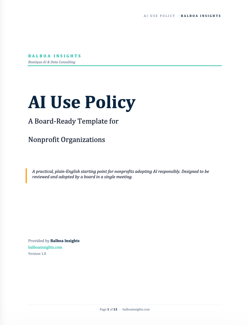 Cover page of the Balboa Insights AI Policy Template, showing the title and section overview for nonprofits